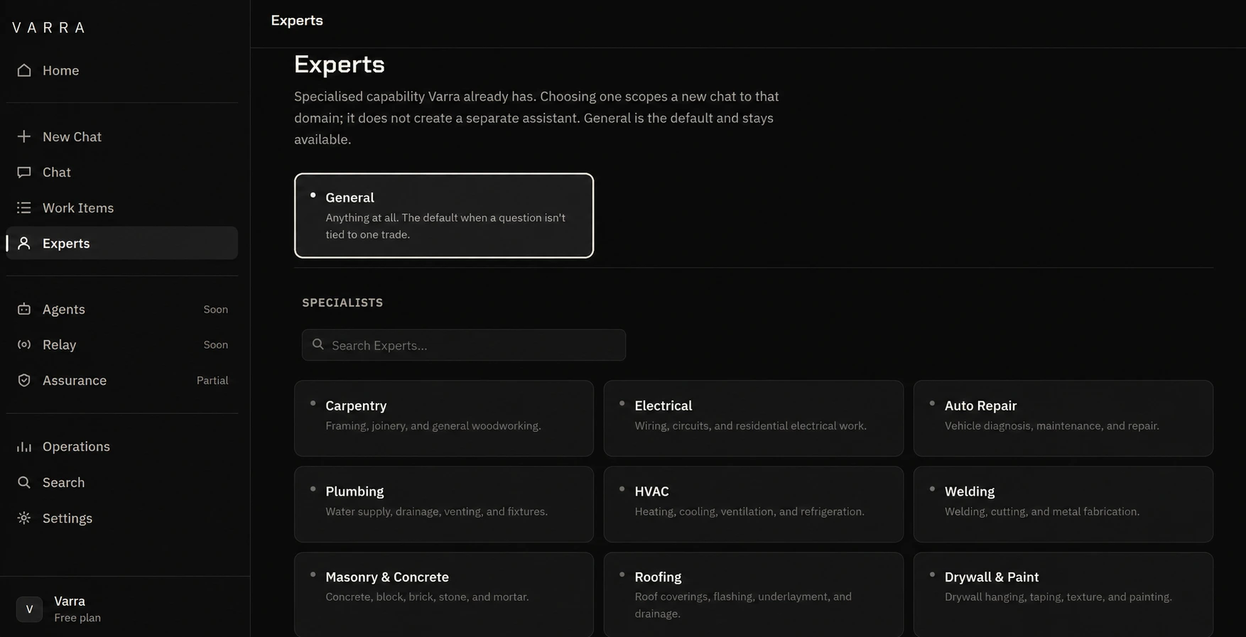 The Varra Experts directory: the General card above a grid of specialists &mdash; Carpentry, Electrical, Auto Repair, Plumbing, HVAC, Welding, Masonry & Concrete, Roofing, Drywall & Paint and the rest.